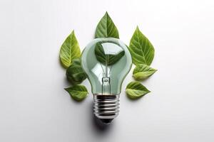 eco-friendly lampadina a partire dal fresco le foglie superiore Visualizza, concetto di rinnovabile energia e sostenibile vita, creato con generativo ai tecnologia foto