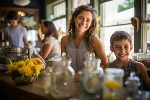 ritratto di sorridente madre e figlio in piedi a tavolo nel cucina a casa, famiglia godendo un' cottura a vapore tazza di limonata su un' soleggiato giorno nel un' pittoresco, accogliente caffè negozio, ai generato foto