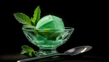 fresco menta foglia nel un' verde cocktail, guarnito con lampone fetta generato di ai foto