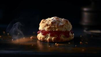 appena al forno fatti in casa Pasticcino Impasto con frustato crema e fragola Riempimento generato di ai foto