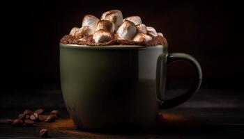 caldo caffè su di legno tavolo, buio e schiumoso, Perfetto rinfresco generato di ai foto