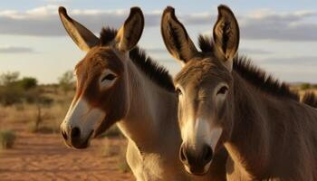 asino e cavallo pascolo nel prato a tramonto, natura bellezza generato di ai foto