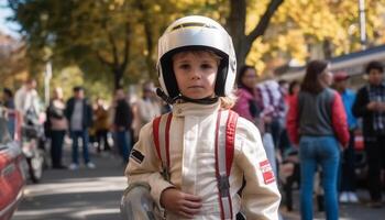 sorridente bambini giocando all'aperto, godendo autunno, indossare gli sport caschi per sicurezza generato di ai foto