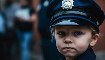 un' carino caucasico bambino nel un' polizia uniforme, sorridente felicemente generato di ai foto
