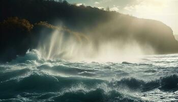 onda rottura su il costa, natura bellezza nel il tramonto generato di ai foto