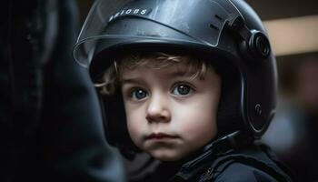 carino bambino indossare un' gli sport casco, guardare a telecamera all'aperto generato di ai foto