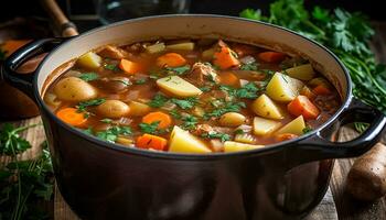 rustico verdura la minestra con cucinato carota, Patata, e fresco prezzemolo generato di ai foto