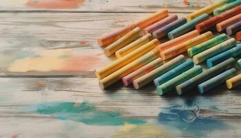 di legno tavolo con colorato dipingere e carta per creativo infanzia formazione scolastica generato di ai foto