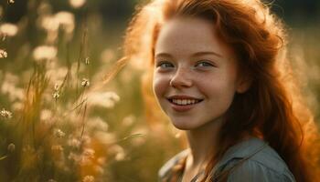 sorridente ragazza gode natura, spensierato e contento nel il prato generato di ai foto