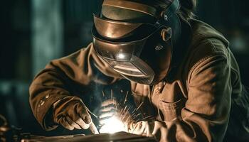 uomini nel protettivo abbigliamento da lavoro saldatura acciaio nel un' metallo fabbrica generato di ai foto