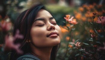 un' bellissimo giovane donna godendo natura bellezza nel il all'aperto generato di ai foto