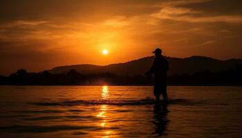 silhouette di pescatore in piedi, pesca asta, tranquillo tramonto, acqua riflettendo generato di ai foto