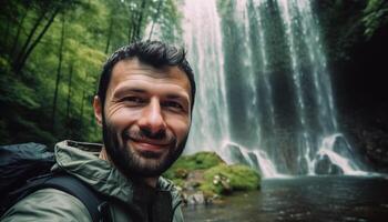 un' sorridente uomo escursioni a piedi nel il foresta, godendo natura bellezza generato di ai foto