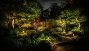 tranquillo scena natura bellezza illuminato di tramonto al di sopra di il foresta generato di ai foto