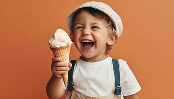 carino caucasico ragazzo godendo ghiaccio crema, sorridente con gioia e innocenza generato di ai foto
