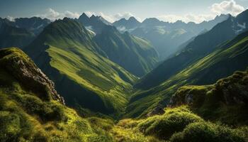 maestoso montagna picco, panoramico paesaggio, tranquillo prato, verde foresta generato di ai foto