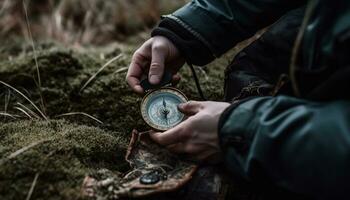 un' persona escursioni a piedi nel il foresta, Tenere un' navigazione bussola generato di ai foto