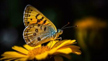 un' vivace farfalla impollina un' giallo fiore nel il prato generato di ai foto
