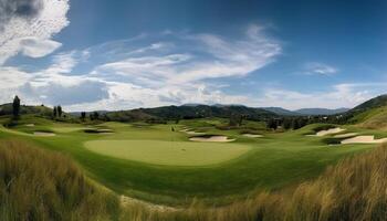 giocatori di golf godere senza fretta sport su verde corso sotto blu cielo generato di ai foto