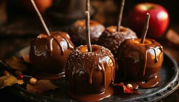 buio cioccolato immerso fragola su un' di legno piatto, un' buongustaio indulgenza generato di ai foto