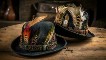piumato cowboy cappello incarna vecchio stile eleganza nel rustico americano cultura generato di ai foto