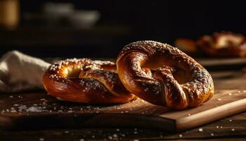 appena al forno pane, rustico e fatti in casa, pronto per mangiare su di legno tavolo generato di ai foto