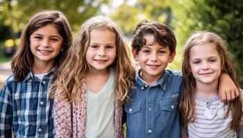 quattro sorridente bambini abbracciando, guardare a telecamera con innocenza e gioia generato di ai foto