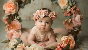 carino bambino ragazza con fiore, ritratto di allegro sorridente felicità generato di ai foto