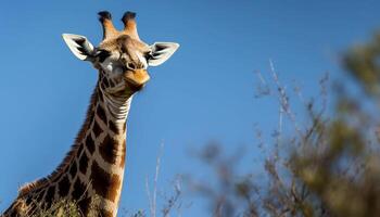 giraffa nel Africa, in piedi alto, guardando a il bellissimo savana generato di ai foto