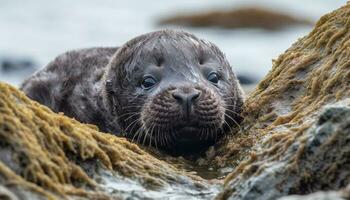 carino foca cucciolo riposo su il costa, guardare a telecamera generato di ai foto