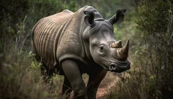 grande cornuto rinoceronte pascolo nel il africano natura selvaggia, guardare a telecamera generato di ai foto