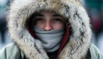 un' giovane adulto all'aperto, indossare caldo vestiario, sorridente a telecamera generato di ai foto