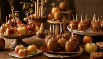 Mela dolce su di legno tavolo, buongustaio caramella buffet, salutare indulgenza generato di ai foto
