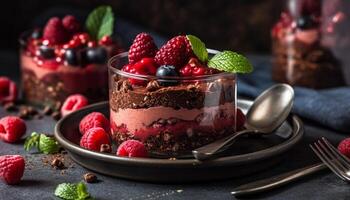 un' rinfrescante estate dolce fatti in casa bacca parfait con cioccolato mousse generato di ai foto