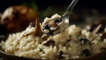 freschezza e messa a fuoco su primo piano commestibile fungo risotto, un' buongustaio pasto generato di ai foto