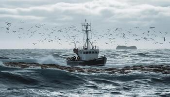 gabbiano volante al di sopra di blu acqua, andare in barca nave esplora nautico costa generato di ai foto