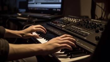 un' qualificato musicista giocando pianoforte, miscelazione suono nel registrazione studio generato di ai foto