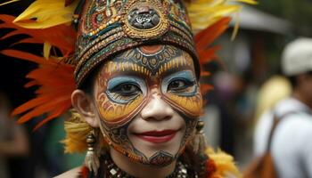 sorridente donna nel tradizionale capi di abbigliamento a colorato indigeno Festival generato di ai foto