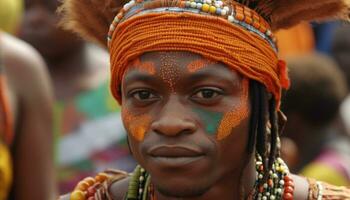 sorridente africano donne nel tradizionale capi di abbigliamento celebrare indigeno cultura all'aperto generato di ai foto