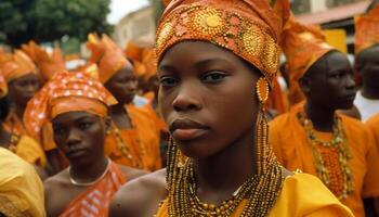 africano uomini e donne nel tradizionale capi di abbigliamento celebrare all'aperto generato di ai foto