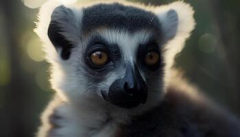 carino lemure fissando, vicino su, natura bellezza nel tropicale foresta pluviale generato di ai foto