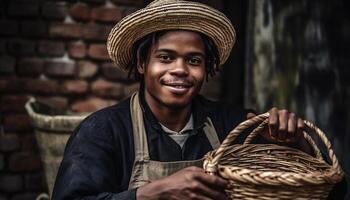 uno sorridente uomo, all'aperto, con fiducia Lavorando su un' azienda agricola generato di ai foto