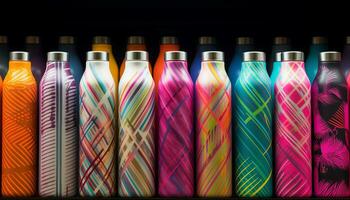 Multi colorato bottiglia collezione nel un' riga generato di ai foto
