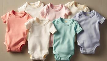 carino bambino capi di abbigliamento collezione blu, rosa, a strisce, Multi colorato, piccolo indumenti generato di ai foto