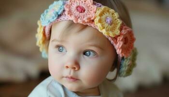 carino bambino ragazza con blu occhi, sorridente e indossare maglia cappello generato di ai foto