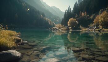 tranquillo scena natura bellezza riflessa nel il tranquillo, calmo montagna stagno generato di ai foto