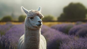 carino alpaca con viola lana pascolo nel verde prato generato di ai foto