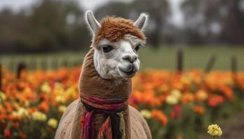 carino alpaca pascolo nel verde prato, guardare a telecamera generato di ai foto