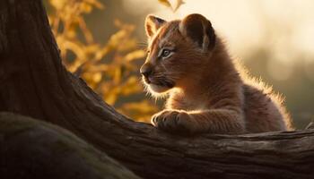 carino gattino seduta nel il erba, guardare a il tramonto generato di ai foto