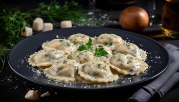 appena cucinato fatti in casa Ravioli su un' rustico di legno piatto generato di ai foto